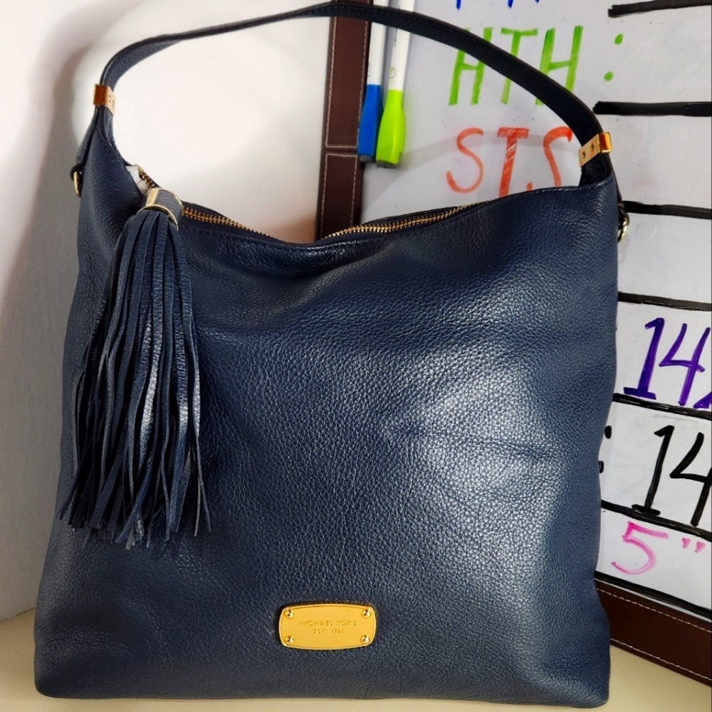 Michael Kors rich blue pebbled leather Bedford hobo bag gold hardware